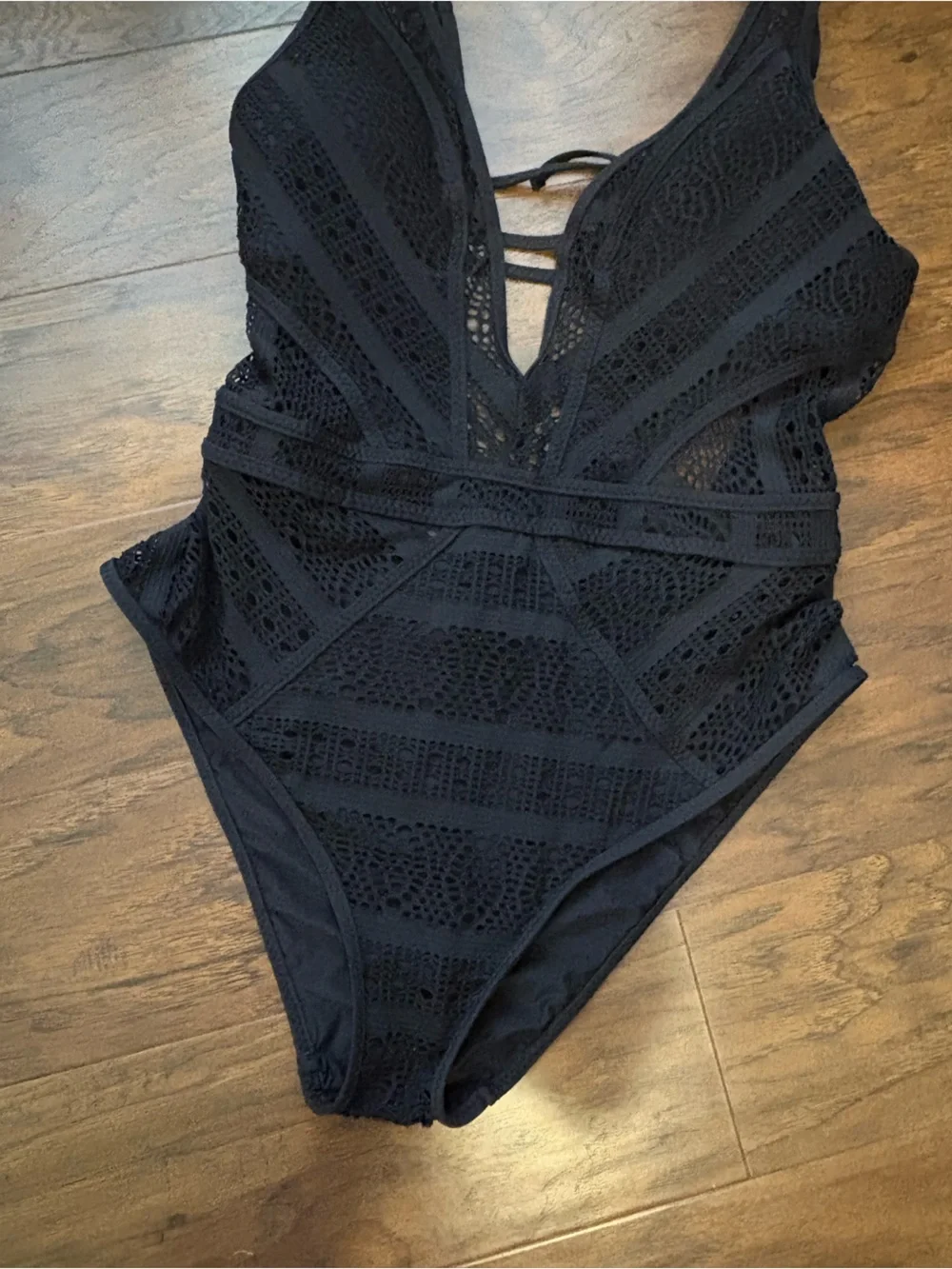BECCA Black Color Play Plunge Crochet One-Piece Swimsuit - Picture 8 of 8